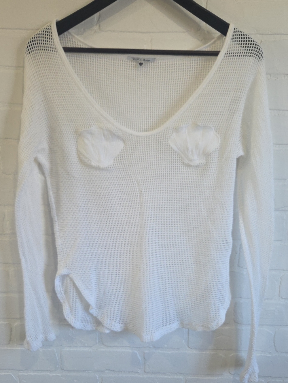 Wildfox White Mesh Long-Sleeve Top with Shell Appliqués